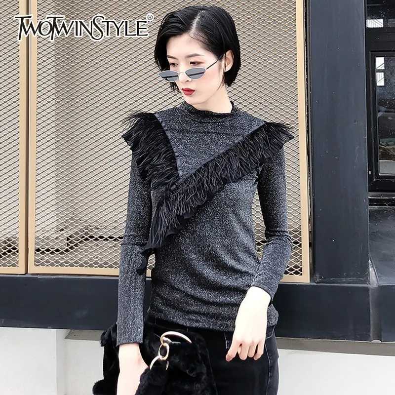 Женская водолазка TWOTWINSTYLE весенняя с длинным рукавом и перьями 2020|Футболки| |