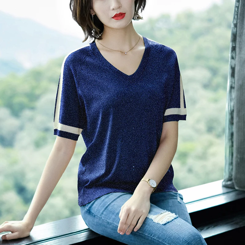 2019 Shiny Lurex Summer knitted Slim Pullover Women V-Neck Sweater Shirt Female All-match Basic Short Sleeve female sweater | Женская