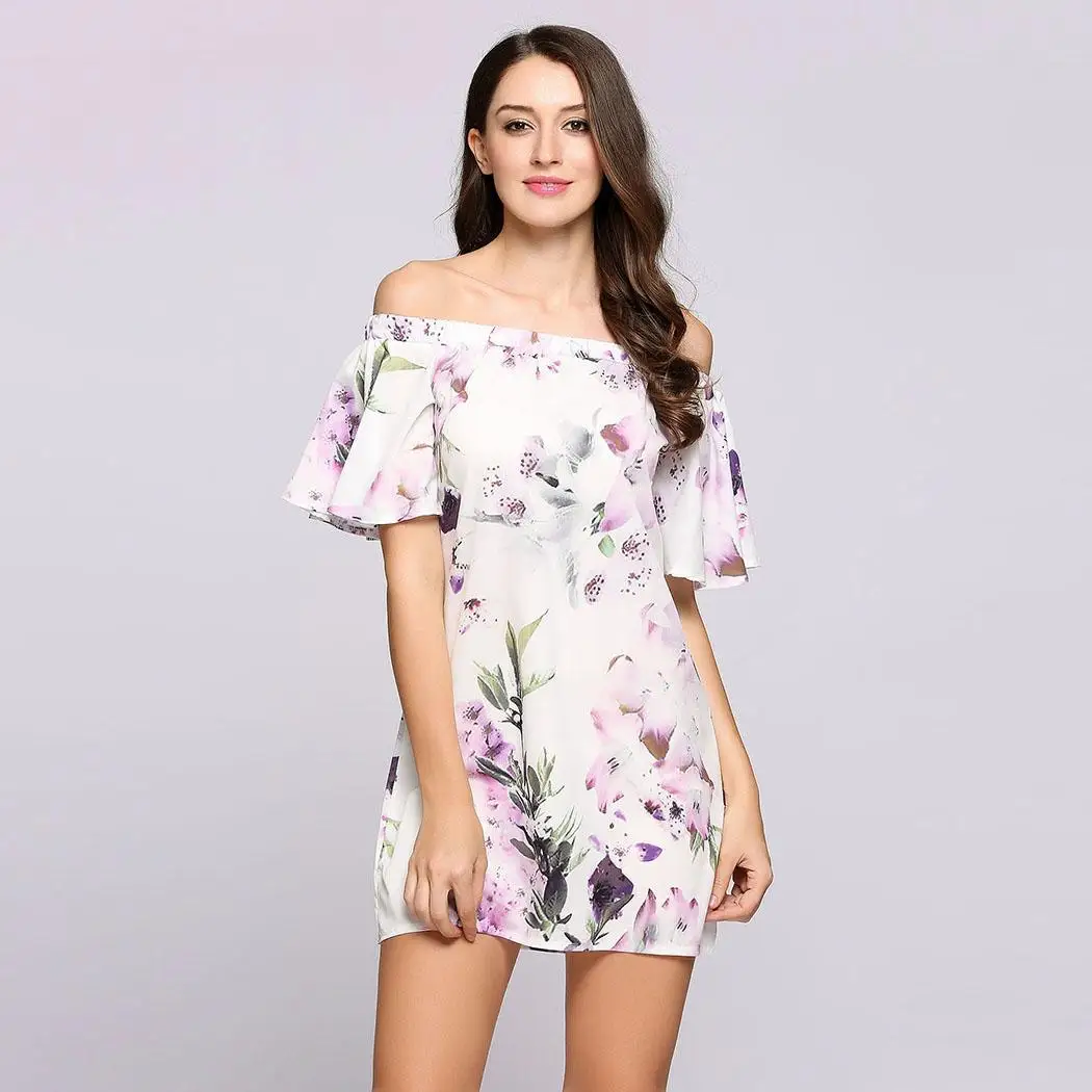 Короткие FlareSleeve с открытыми плечами платье цветочным рисунком Для женщин