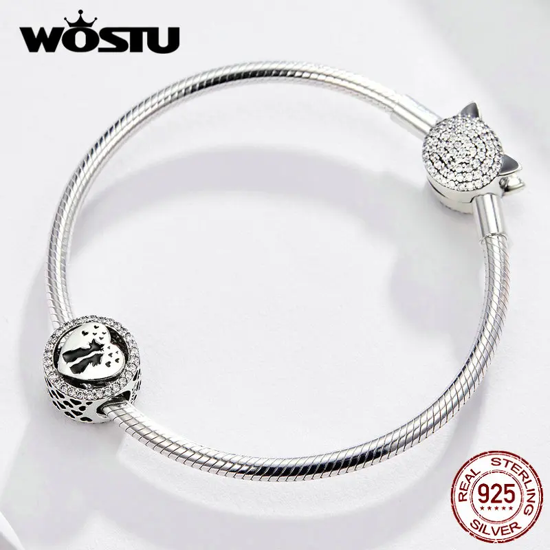 WOSTU, пара, кот, сердце, бусины, 925 пробы, серебро, Круглый, шарм, подходит,, сделай сам, браслет, подвеска, дружба, изготовление ювелирных изделий CQC1188