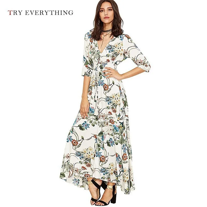 Floral Maxi Beach Dress Women Summer 2019 New V Neck White Boho Casual Ladies Short Sleeve Holiday Long Dresses For | Женская одежда