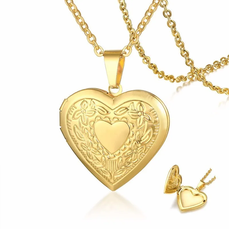 Womens Romantic Floral Embossed Gold Locket Necklace Girls Heart Photo Pendant in Golden Stainless Steel for Girl | Украшения и