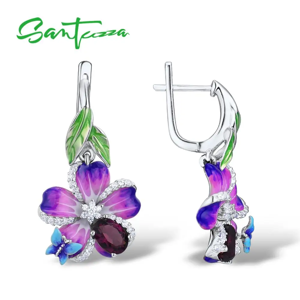 Женские серьги бабочки SANTUZZA из серебра 925 пробы с фиолетовым цветком и эмалью
