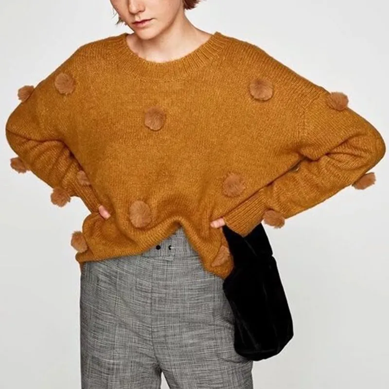 TWOTWINSTYLE Knitted Patchwork Ball Sweater For Women O Neck Long Sleeve Oversized Sweaters Female Autumn Fashion New Tide | Женская