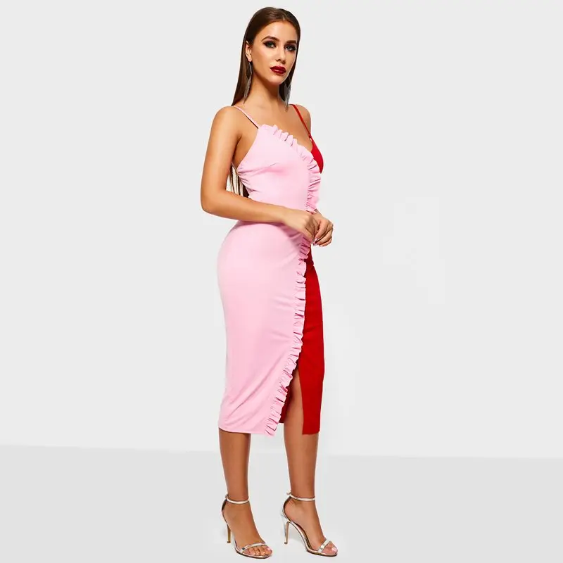 Для женщин Сексуальная ремень Bodycon платье Элегантный шик лоскутное розовый