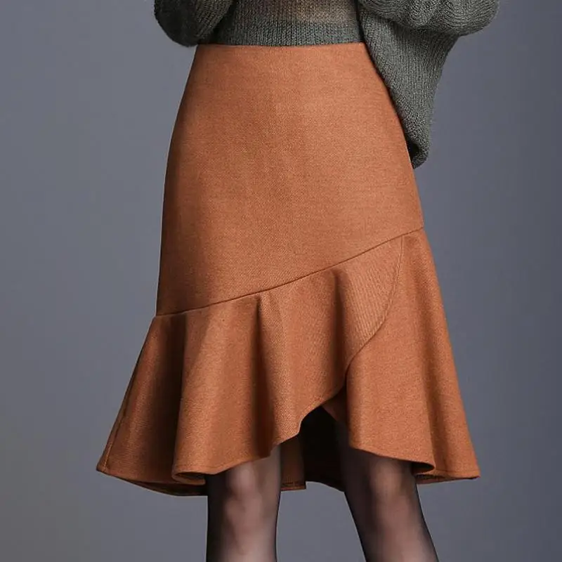 

Shuchan Trumpet / Mermaid Women's Skirt Woolen Blend Knee-length High Waist Office Lady Winter Warm Skirt Big Size Women Clothes