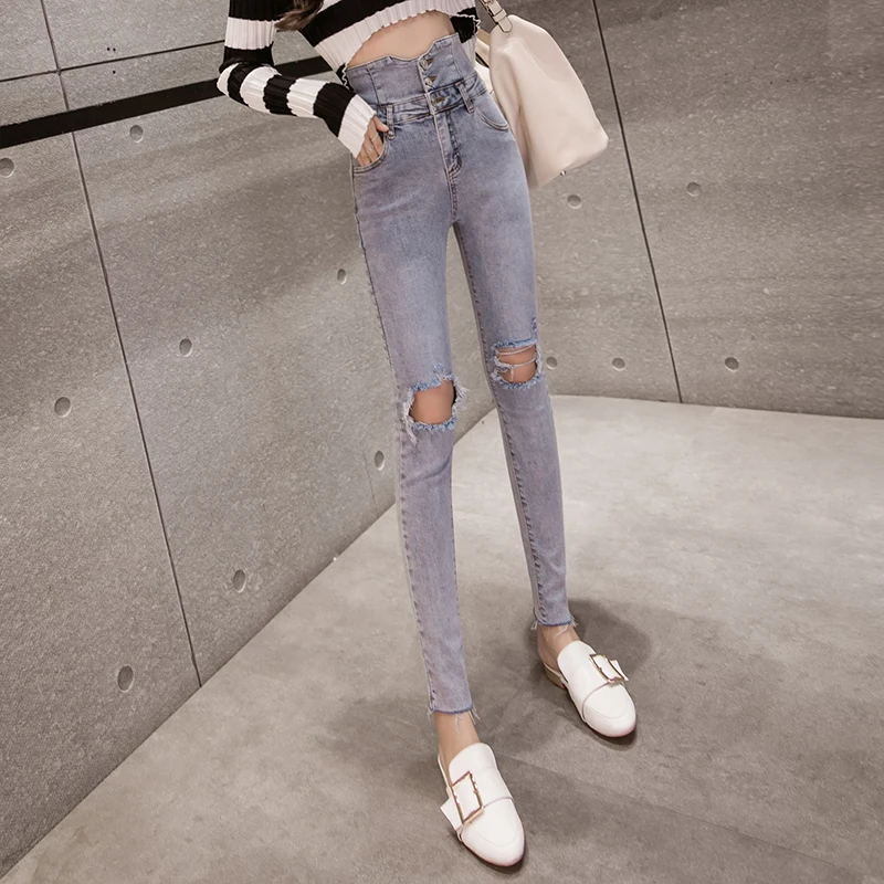 2019 Ripped Jeans Women Tight Skinny Woman Stretch Jean Female Trousers Korean tight hole little pencil pants | Женская одежда