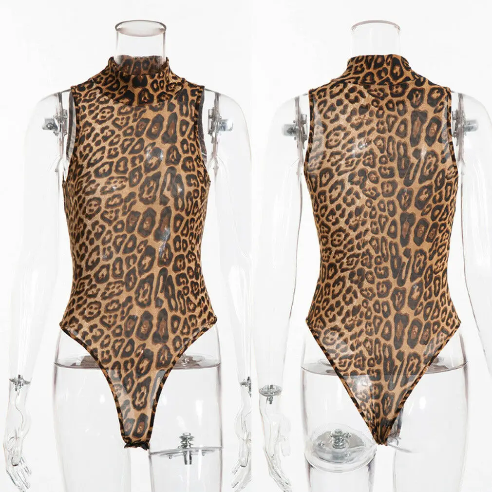 Women Summer Sexy Sleeveless Turtleneck Bodysuits Ladies Leopard Print Skinny Bodysuit Romper | Женская одежда