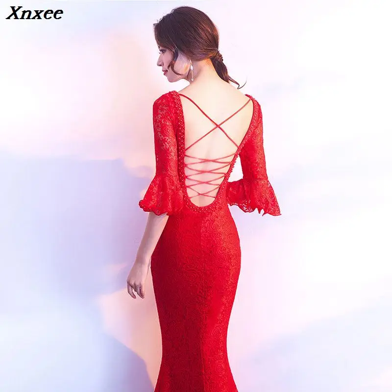 

Xnxee Women Elegnat Red Lace Flare Half Sleeve Mermaid Long Prom Sexy Backless Club Party Dress Xnxee