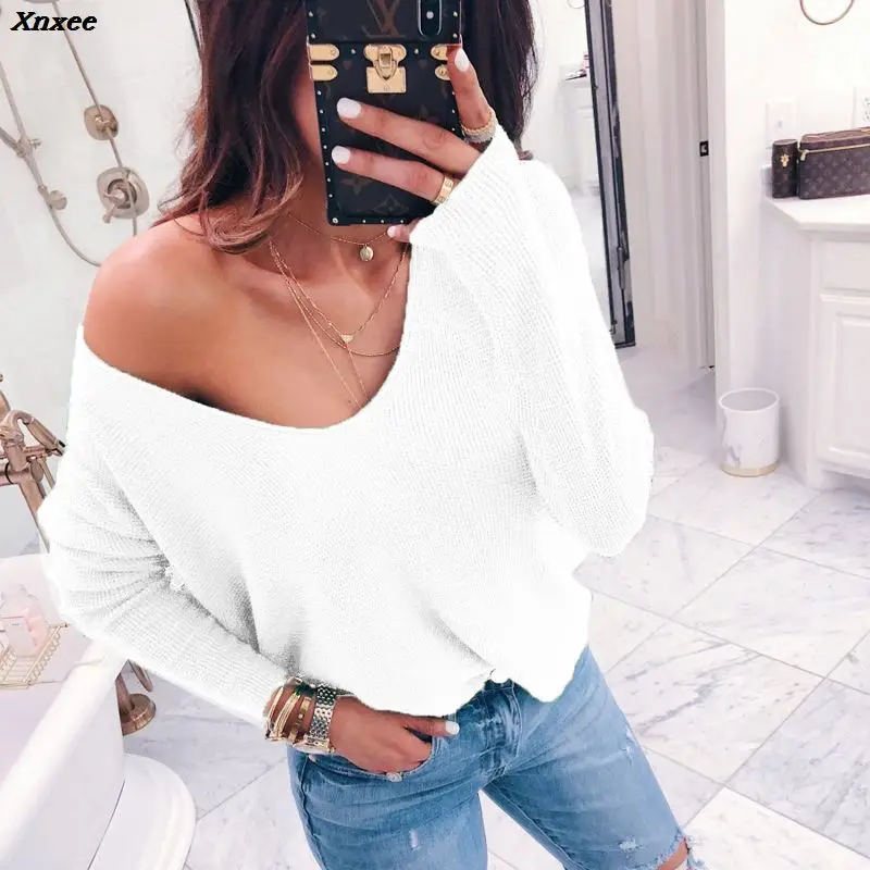 Фото 2020 Sexy V-neck Off Shoulder Sweater Women Casual Long Sleeve Solid Pullovers Female Spring Autumn Sweetwear Knitted Tops Xnxee Женская 2020 Sexy V-neck Off Shoulder Sweater Women Casual Long Sleeve Solid Pullovers Female Spring Autumn Sweetwear Knitted Tops Xnxee Женская
