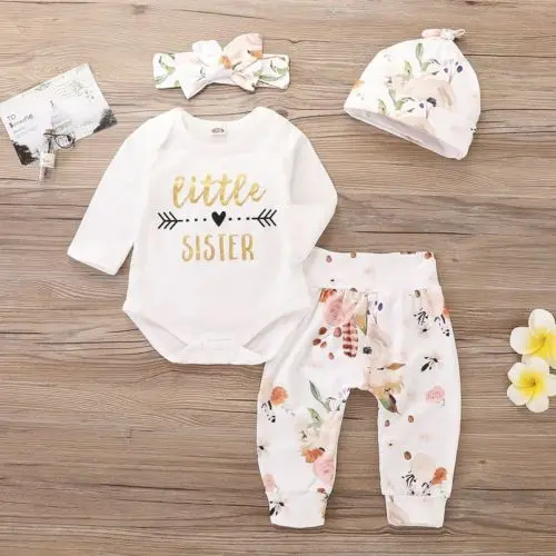 4PCS Brand New Winter Infant Baby Girls Clothes Long Sleeve Letter Print Romper Tops+Floral Pants+Headband+Hat Clothing Sets |