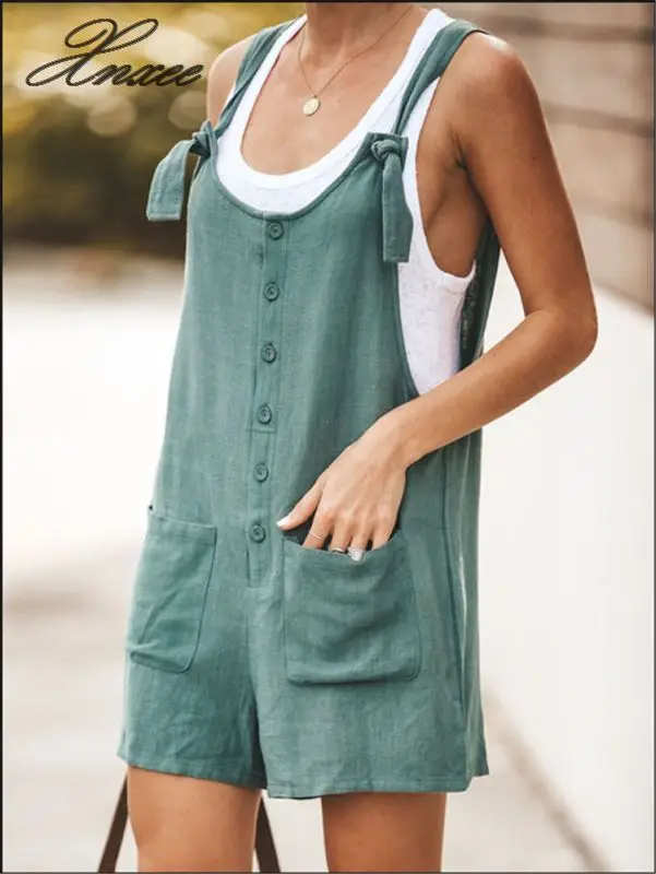 

Casual Summer Rompers Jumpsuit Women Pockets Sleeveless Short Playsuits With Button Linen Cotton U-neck Romper Solid Pant