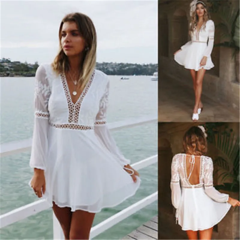 Новое модное женское повседневное Короткое мини платье с v образным вырезом и