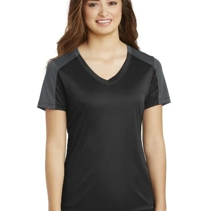 Спорт Tek LST354 женские PosiCharge competittorsleeve Blocked v образным Вырезом Tee Black & Iron Grey 2XL| |