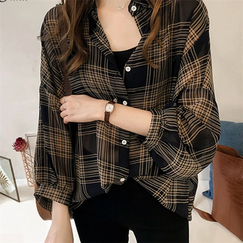 

Fashion womens tops and blouses Female Casual Matching Color Long Sleeve Button Loose Plaid Shirt Top blusas Plus Size M-4XL