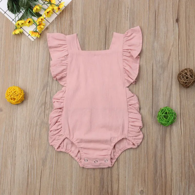 Ruffles Sleeveless Newborn Baby Girl Solid Color Cotton Romper Jumpsuit Outfits Princess Sunsuit Clothes | Мать и ребенок