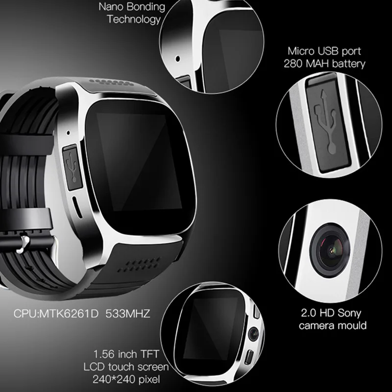 T8 Bluetooth умные часы Поддержка SIM TF карта с 0.3mp камера smartwatch спортивные наручные