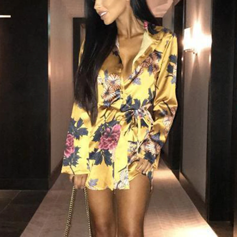 Для женщин Цветочный атласный платье с длинным рукавом Вечерняя