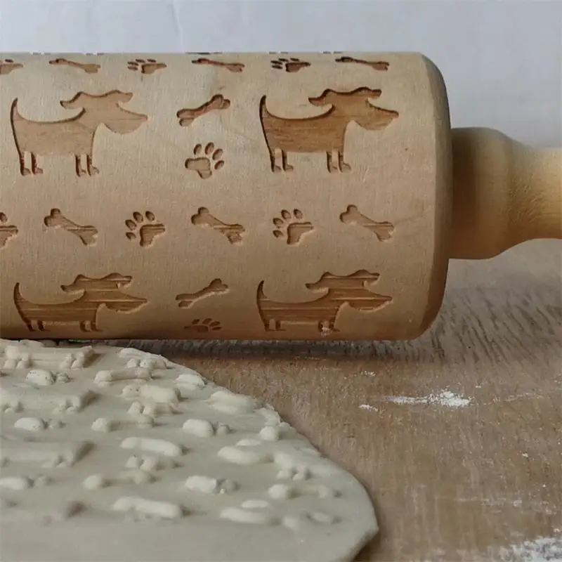 35cm Wooden puppy and bone Rolling Pins Engraving Embossed Pin Cookie Sticks | Дом и сад