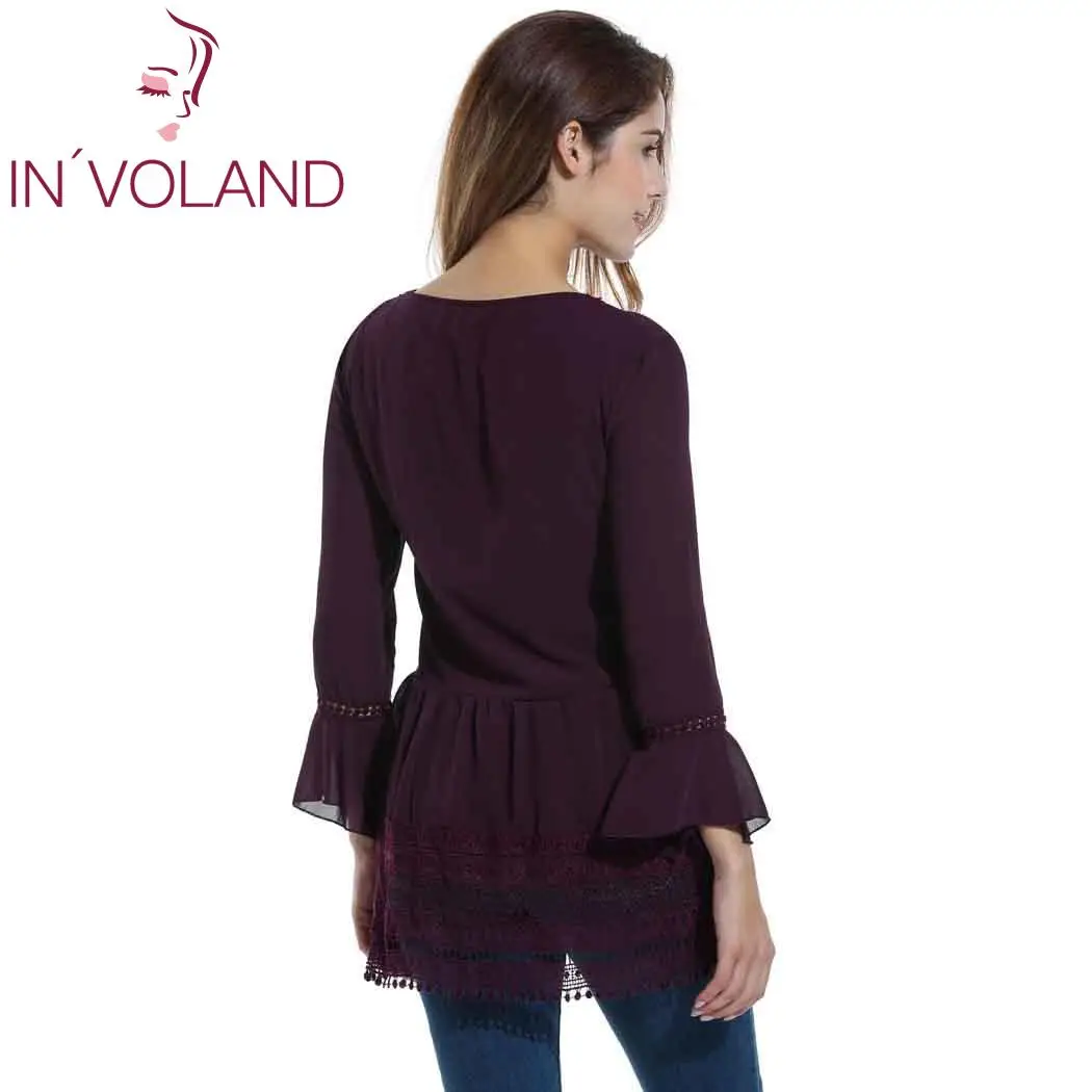 Женский v-образный вырез с расклешенными рукавами кружевная отделка длинная