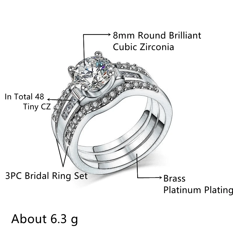 

Huitan Luxury 3PC Wedding Ring Set with Round Brilliant Cubic Zirconia Fashion Engagement Eternity Anniversary Rings for Women