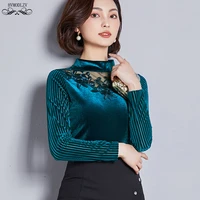 women semi high collar gold velvet lace bottoming shirt 2019 spring new stitching slim fit fashion vintage jacket female hj210