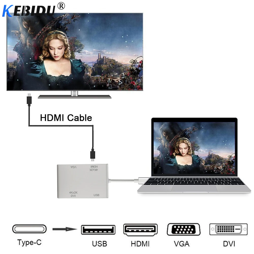 Адаптер KEBIDU 4 в 1 с портом Type-C на HDMI VGA DVI USB 3 0 кабель C для ноутбука ТВ совместимый
