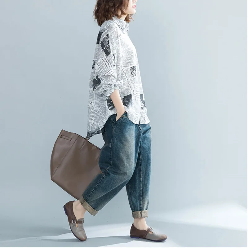 BUYKUD Spring Autumn Cotton and Polyester Shirt Casual Women Long Batwing Sleeve Printing Turn-down Collar Middle Length |