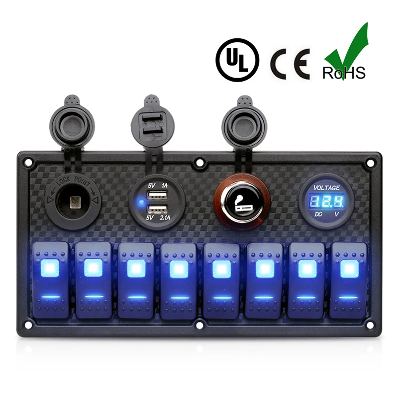12V 24V USB прикуриватель напряжение рокер 8 Gang переключатель Панель синий светодиод