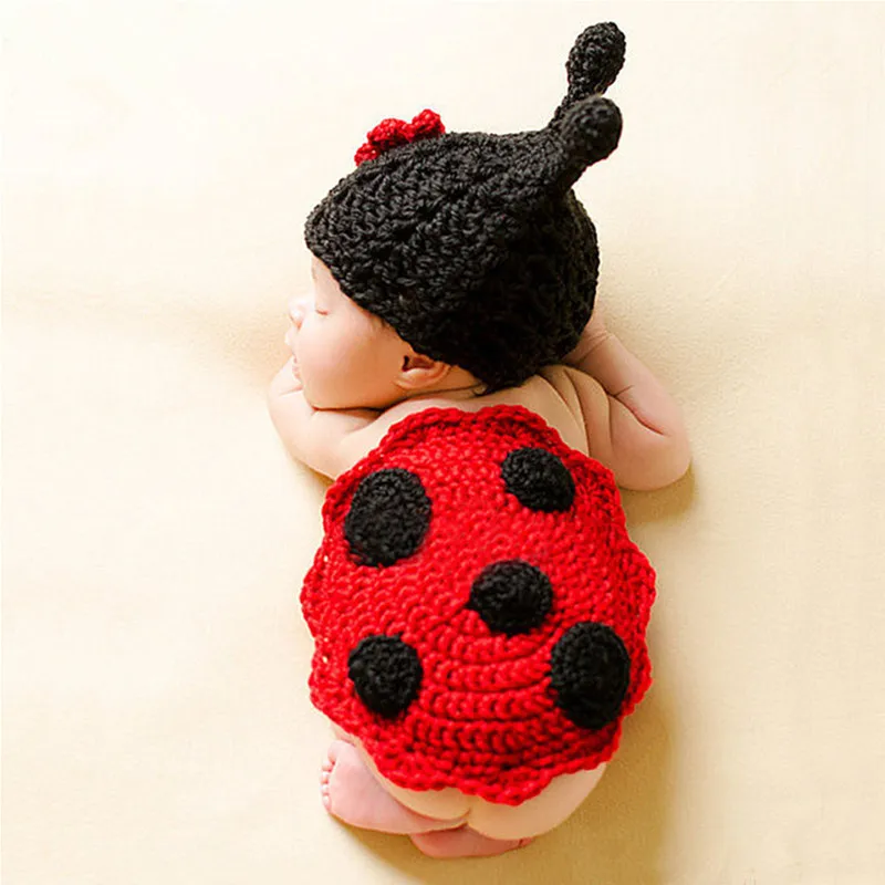 Newborn Photography Props Accessories Cute Baby Photography Costume Handmade Crochet Knitted Ladybird Hat Outfit Baby Photo Prop