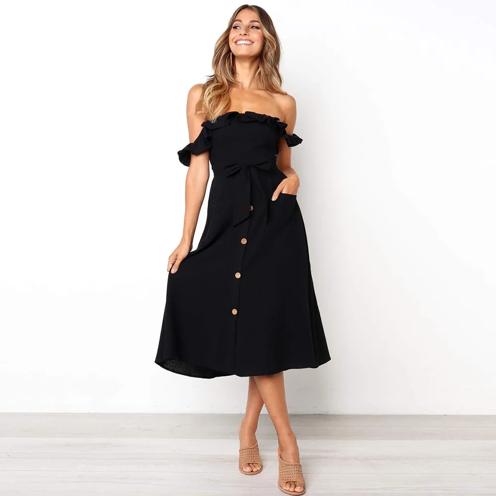 Boho женское летнее платье миди с открытыми плечами и бантом 2019 Повседневное