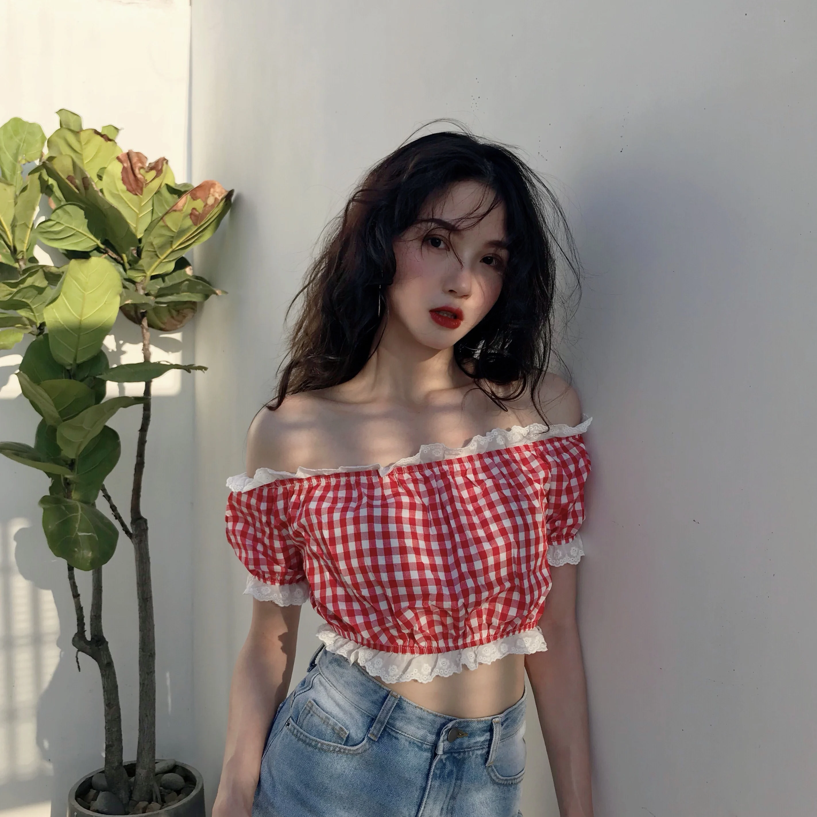 Lychee Девушки Лоскутная с клетчатым принтом кружевные рубашки рюшами Slash шеи