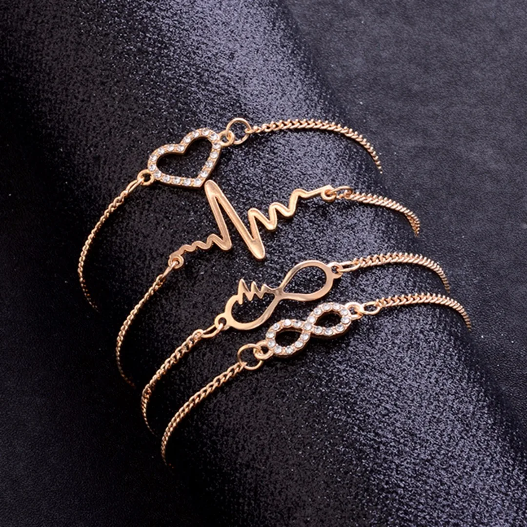 Charming Luxury Crystal Hollow Heart Bracelet Romantic Gold Color Hand Chain Elegant Women's Jewelry Bride Wedding Gifts 4pc/Set |