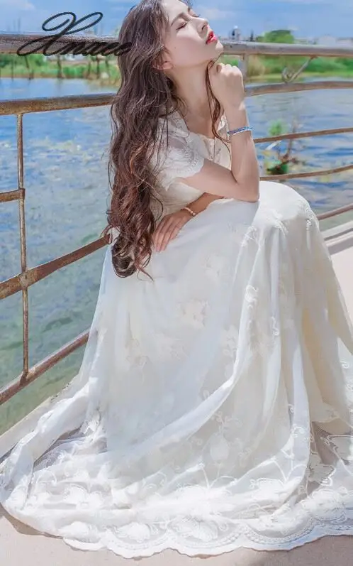 

Stylish Short Sleeve Flower Embroidery A Patterned Lace Woman Long Dress