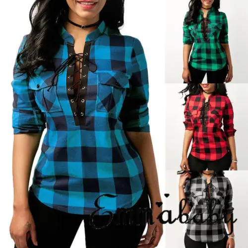 Женская клетчатая рубашка Повседневная Блузка с v образным вырезом на шнуровке