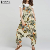 overalls womens drop crotch jumpsuits zanzea 2021 summer romper vintage linen print floral pantalon combinaison femme