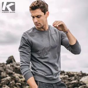 KUEGOU 2022 весна хлопок вышивка простая черная толстовка мужская Crewneck тонкая Мода для мужчин Уличная одежда размера плюс 1531