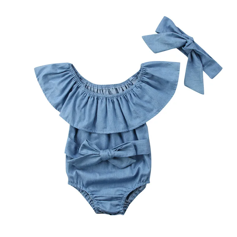 

2019 0-24M Newborn Baby Girls Front Bowknot Bodysuit Jumpsuit Denim Ruffles Outfits Headband 2Pcs