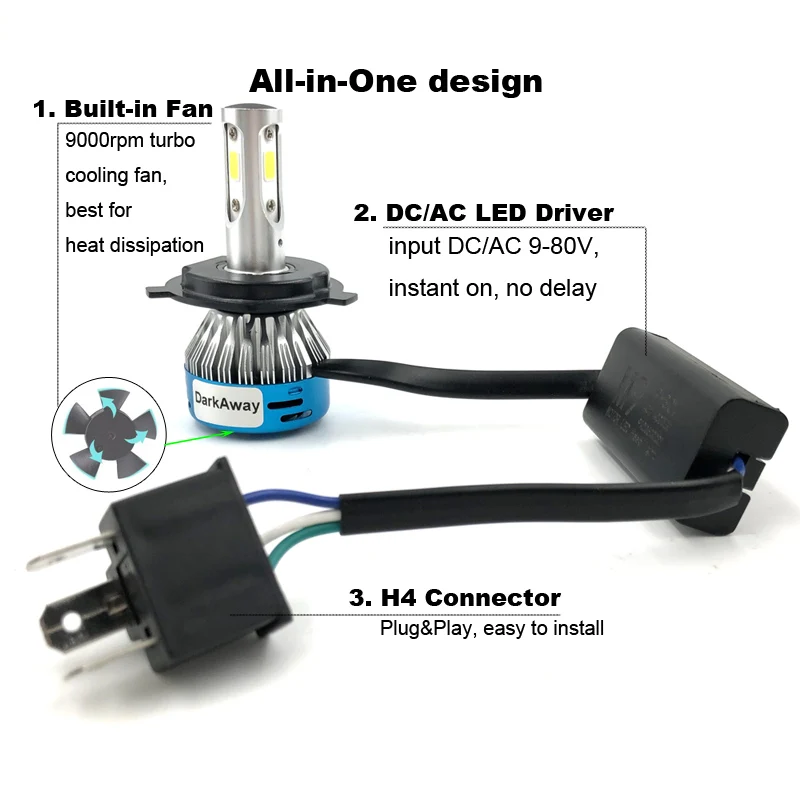 Темно-отсекающая лампа для мотоцикла DarkAway DC AC H4 LED Bulb HS1 BA20D H6 PH7 PH8 40W 4000Lm 6500K Белый скутерный моторный фонарь 12V-80V on.