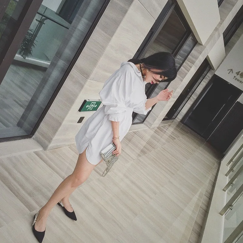 DEAT 2020 new turn-down collar full sleeves high waist A-line knee-length dress puff korean girl's clothing female WD69800 | Женская
