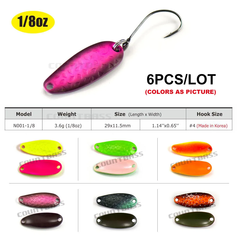 6PCS COUNTBASS Brass Casting Spoon With Single Hook 3.5g  1/8oz Salmon Trout Pike Bass Fishing Lures, Crappie Fish Bait