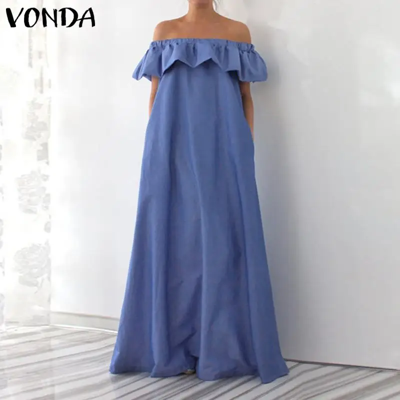 VONDA S-5XL Women Sleeveless Dress Summer 2020 Sexy Off The Shoulder Ruffle Maxi Solid Floor-Length Vestido Oversized | Женская одежда