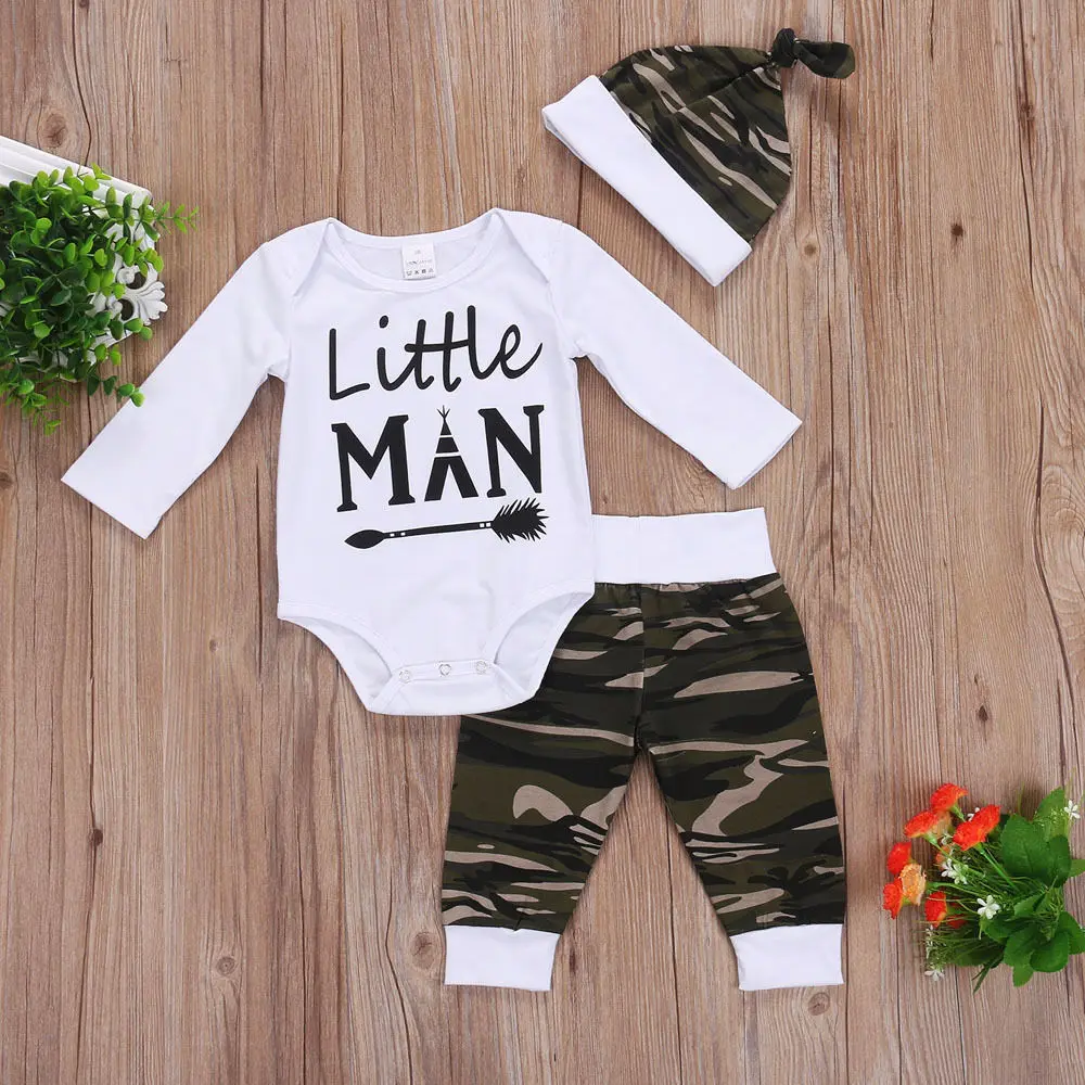 3 pieces Little Man Print Long sleeve Bodysuit Camouflage Pants with Hat Set For Baby Boy Clothes |