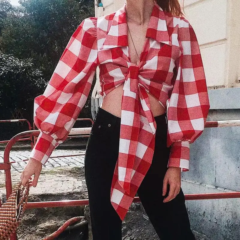 Sexy v-neck plaid crop cotton blouse shirt women Lace up puff sleeve white elegant tops Summer spring ladies top 2019 |