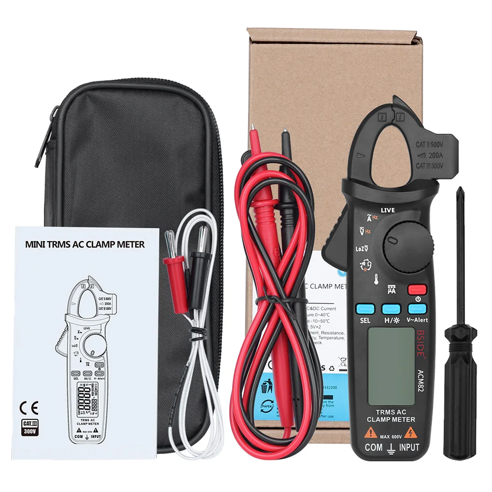 Bside ACM82 Digital True RMS Mini Clamp Meter Auto Range 0.001A Current Test Hz Temp Ohm uF V-alert Live Check with Pocket Clip |