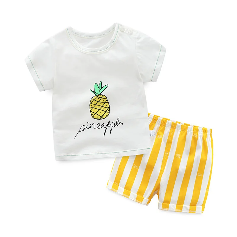2PCS Korean Cotton Children's Set Cartoon Short-sleeved T-shirt+Striped Shorts Baby Boy Girl Summer Clothes Suit | Детская одежда и