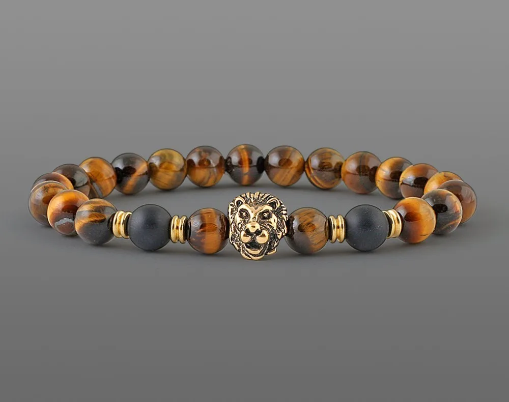 

Lion head bracelet Men Classic 8mm Yellow tiger eye Natural Stone Beaded handmade Strand Bracelets male armband heren Jewelry