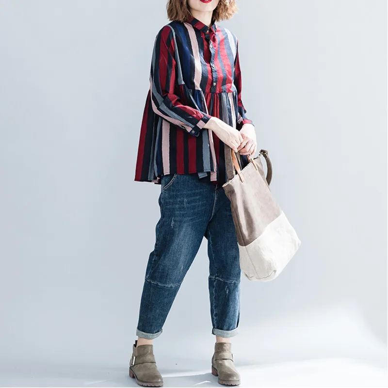 BUYKUD Women Spring Autumn Striped Shirt Casual Long Sleeves Spliced Cotton Turn-down Collar Plus Sized High Waist |