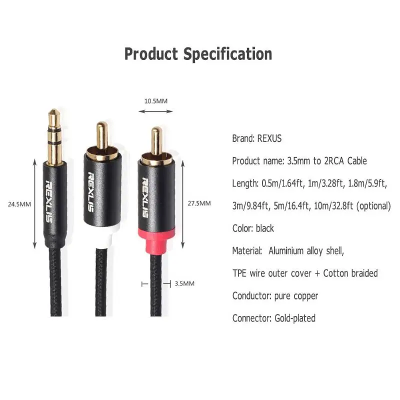 Аудиокабель REXUS RCA со штекером 3 5 мм на 2 Aux хлопковый плетеный провод шнур для