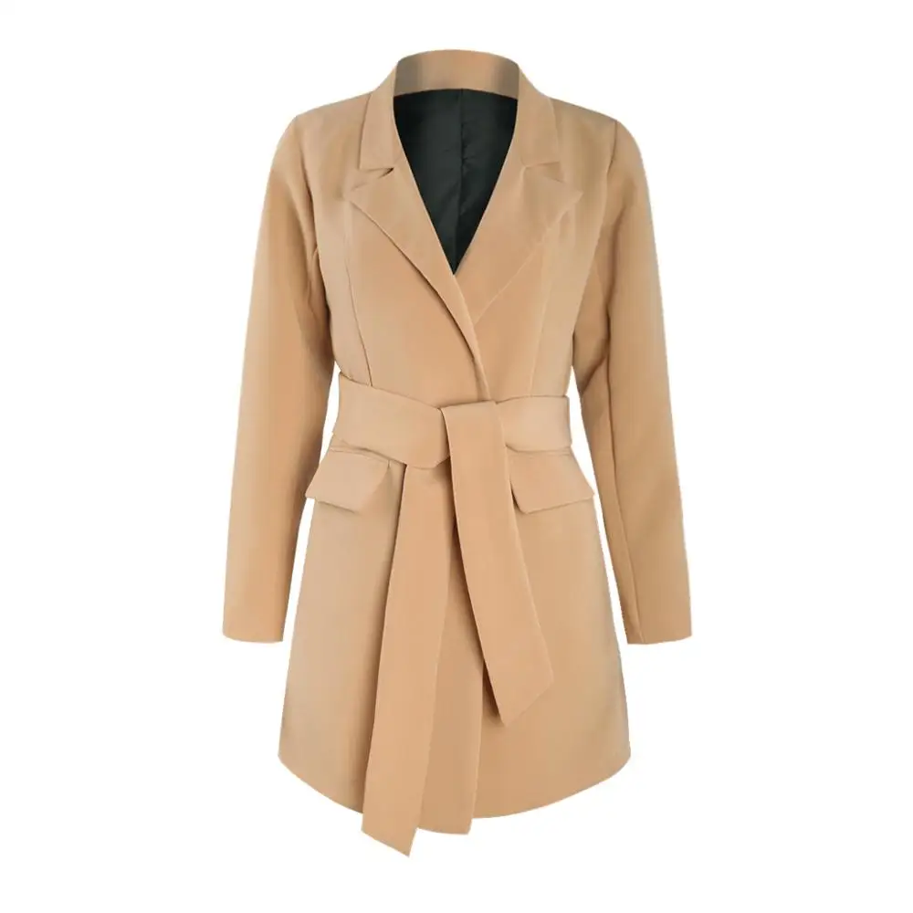 Длинный блейзер MINSUNDA Camel с карманом спереди и зубчатым вырезом Повседневная